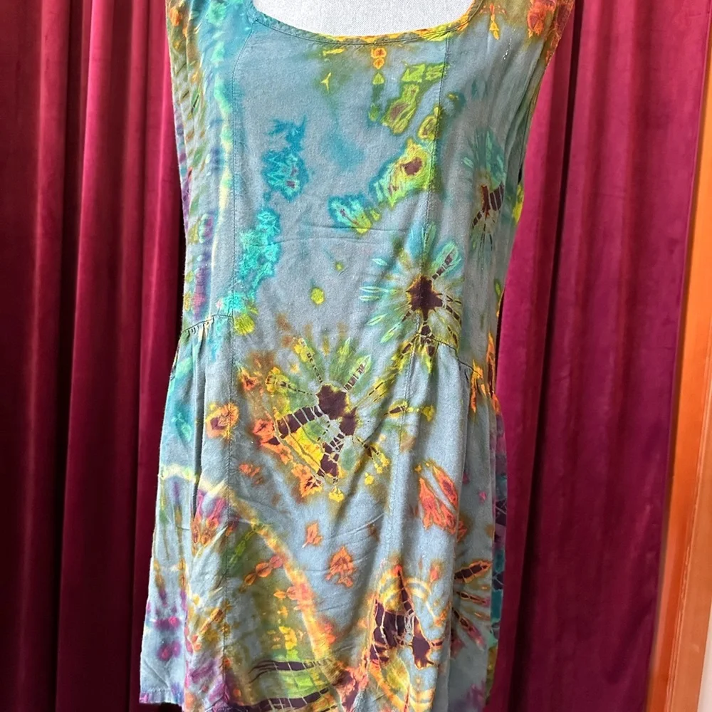 Sacred Threads Tie Dye Tank Tunic one size w/gather details on side square neck - Picture 8 of 11